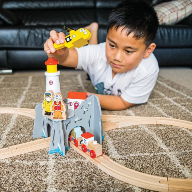 Tunel feroviar cu far și heliport Bigjigs Rail