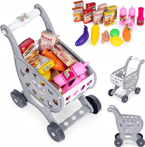 Cărucior gri de cumpărături pentru copii pentru joacă în supermarket sau în bucătărie + 18 accesorii