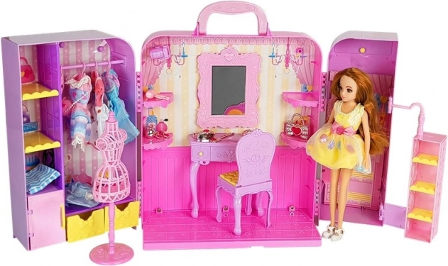 Dressing cu iluminare și oglindă, păpușă 26 cm, set vestimentație și accesorii