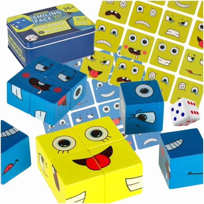 Joc educativ de învățare a emoțiilor – cuburi din lemn în cutie metalică