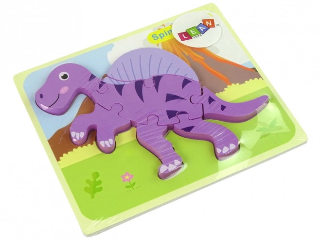 Puzzle de lemn dinozaur Corythosaurus roz și Spinosaurus violet