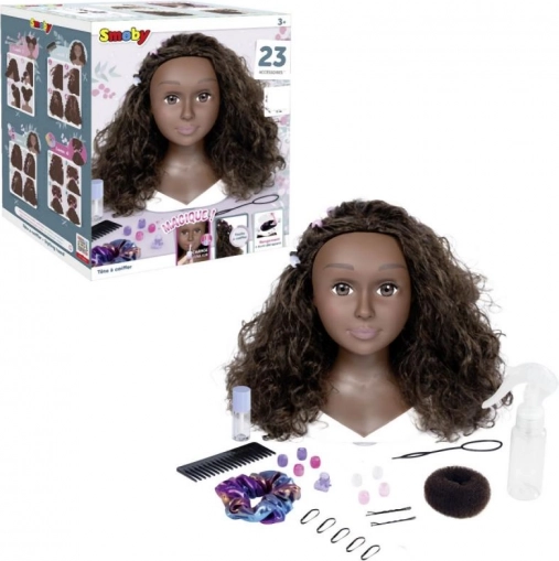 cap de coafat afro cu accesorii și machiaj magic