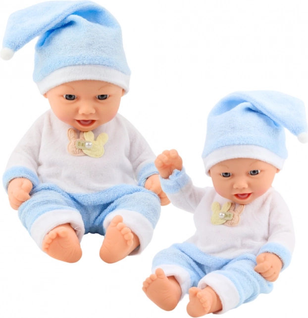 Păpușă bebeluș în pijama albastră cu căciuliță cu ciucuraș