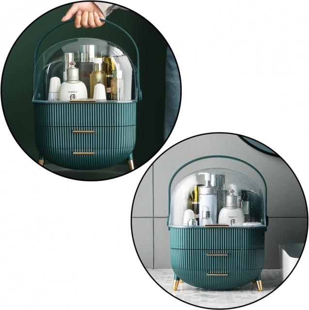 Organizator pentru produse cosmetice cu capac transparent și două sertare verde
