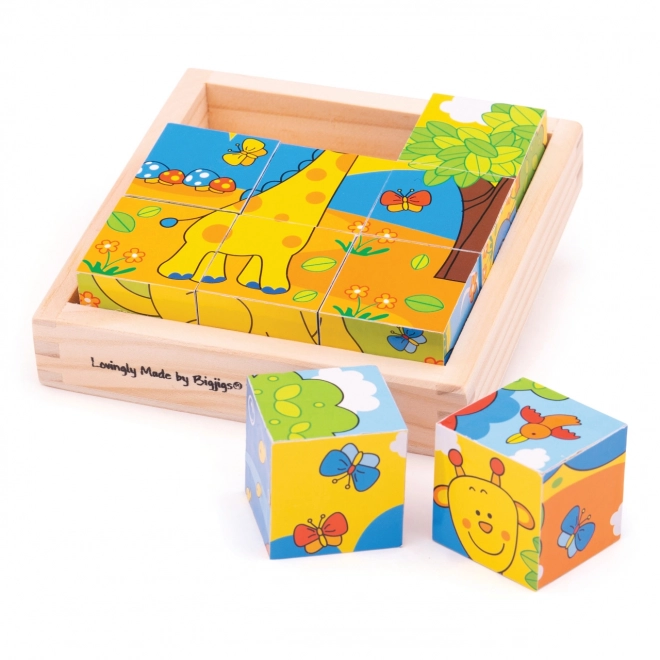 Cuburi puzzle Safari din lemn Bigjigs Toys