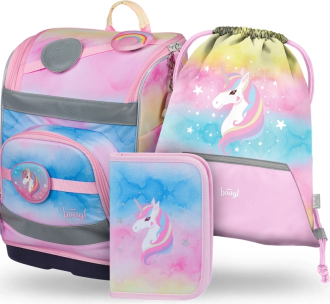 Set 3 BAAGL Zippy plus Rainbow Unicorn: ghiozdan, penar si saculet