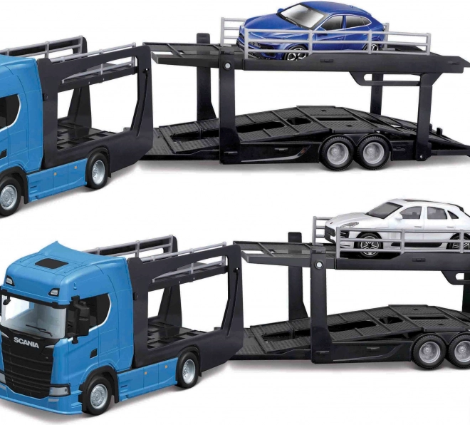 Camion Multicarrier Bburago Scania 770S Negru cu Lamborghini Urus la Scară 1:43