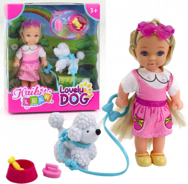 Mini păpușă cu cățeluș în lesă și bol cu os