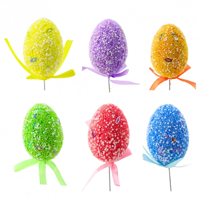 Ouă de Paște colorate pe sârmă cu fundă decorativă set 6 bucăți