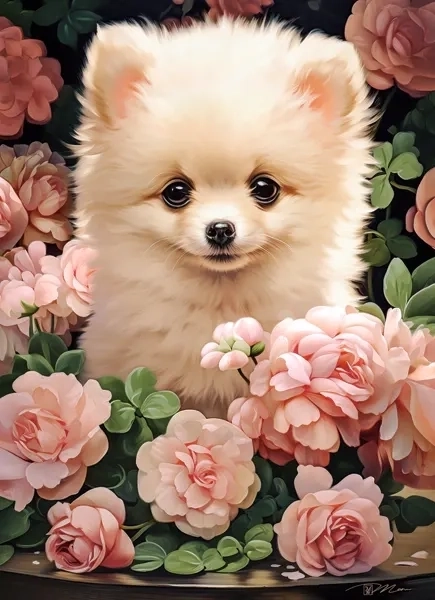 Puzzle cățeluș Pomeranian printre trandafiri 300 de piese