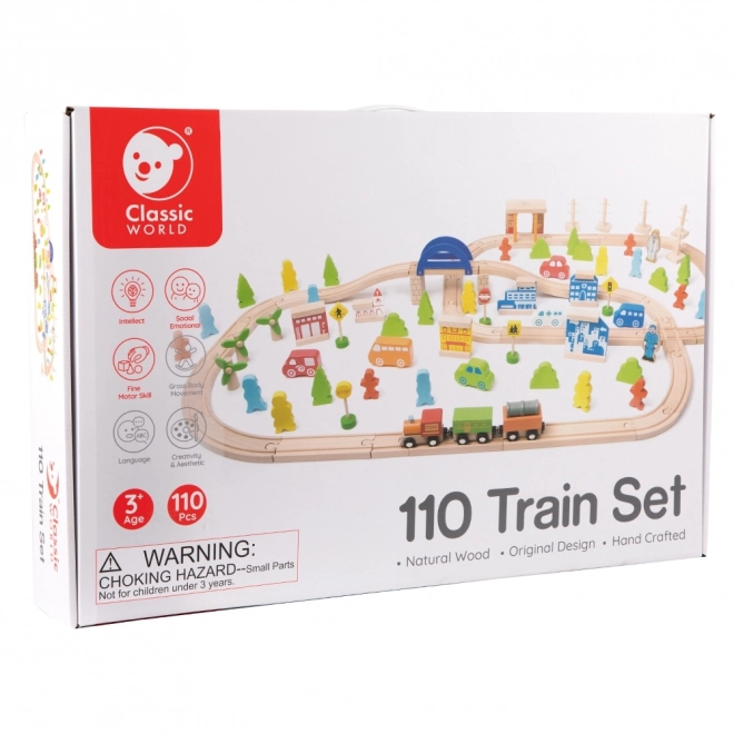 Set trenuleț de lemn Classic World cu accesorii 110 piese