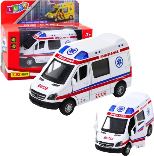 Ambulanță metalică 1:32 cu mecanism pull-back, lumini și sunete – albă