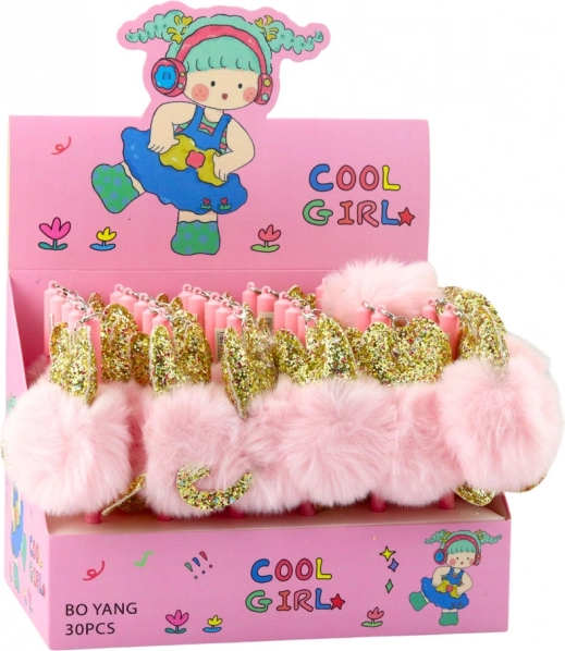 Pix cu gel cu pompon roz, cerneală albastră, 17 cm, 0,5 mm