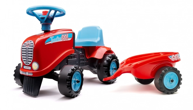 Premergător - tractor Go Farm roșu cu volan și remorcă