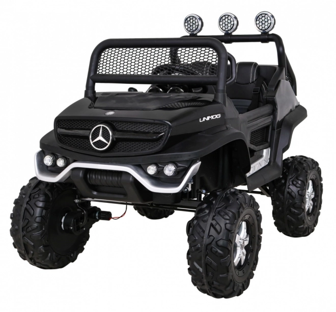 Mercedes Benz Unimog pentru copii negru + tracțiune 4x4 + telecomandă + spațiu pentru bagaje + pornire lentă + MP3 LED