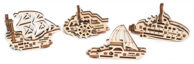 Puzzle mecanic din lemn 3D Ugears - set 4 brelocuri mecanice