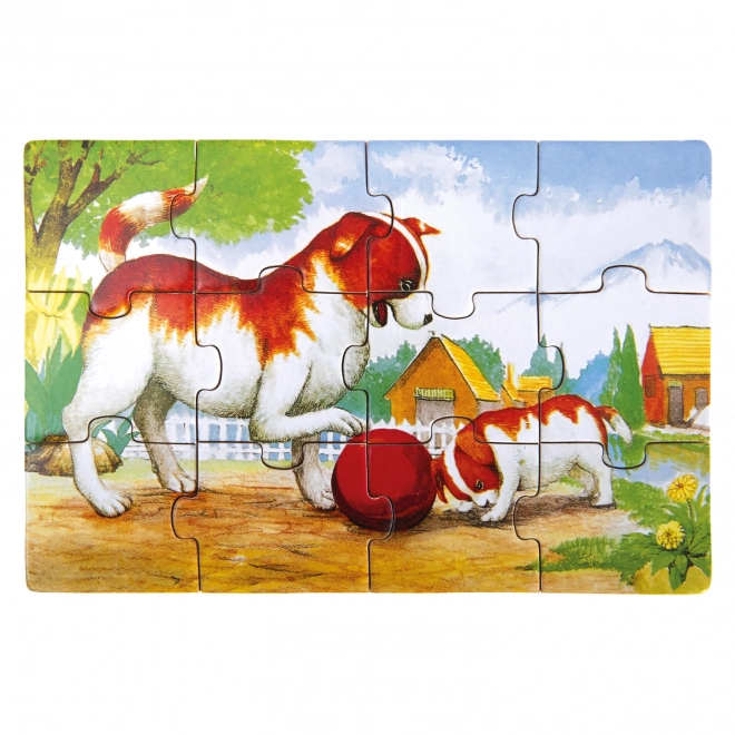 Puzzle din lemn Bino cu animale în cutie