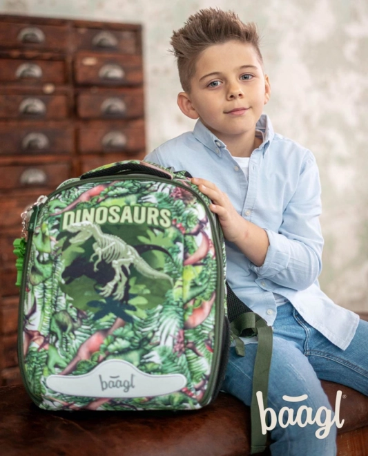 Set școlar Baagl 5 piese Dinozauri: ghiozdan, penar, sac, dosar, cutie