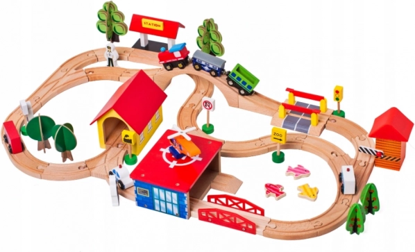Pistă de tren din lemn cu mașini și accesorii