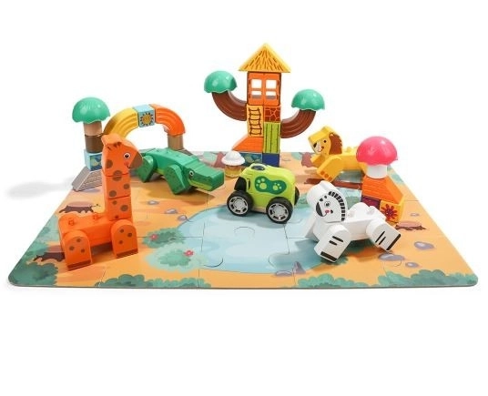 Set parc safari cu blocuri din lemn și puzzle Top Bright