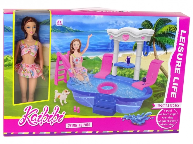 Set păpușă cu accesorii piscină și tobogan