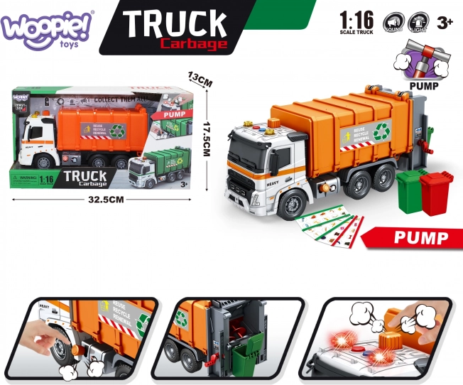 Camion de gunoi interactiv Woopie cu efecte de sunet și lumină, la scară 1:16