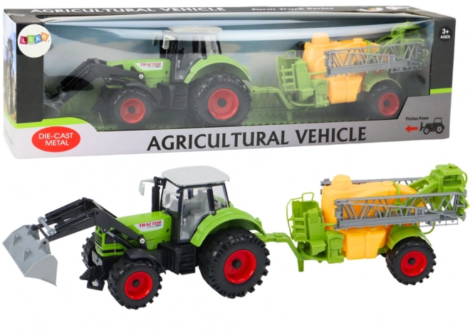 Tractor multifuncțional cu excavator și pulverizator verde