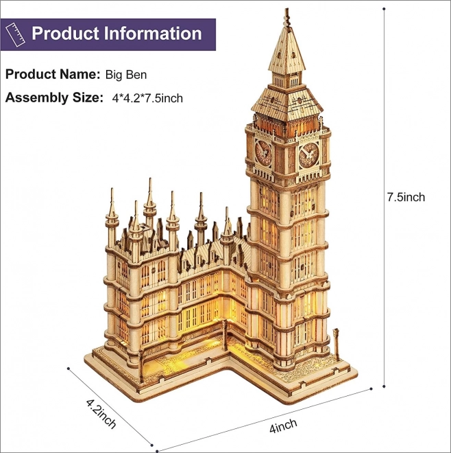 Puzzle 3D din lemn turn cu ceas Big Ben luminos