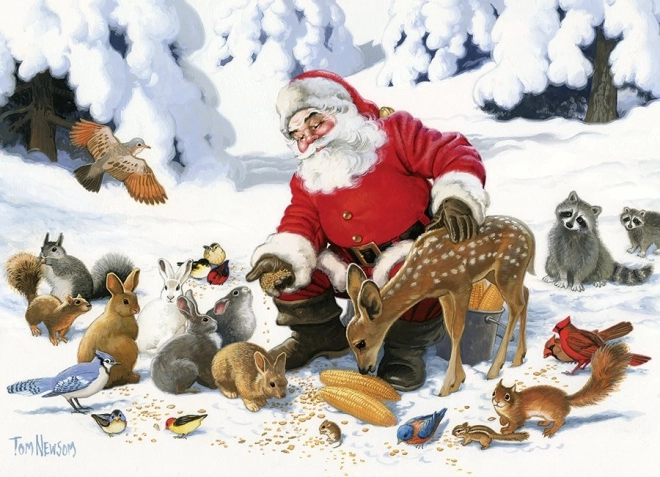 Puzzle de familie Cobble Hill Moș Crăciun cu prieteni animale 350 piese