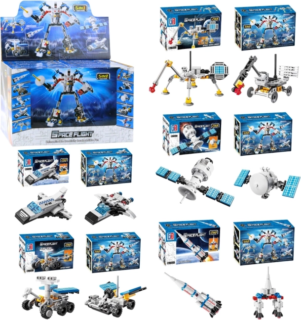 Set de construcție spațial 2‑în‑1 – rachete, antene și roboți (44–54 piese)