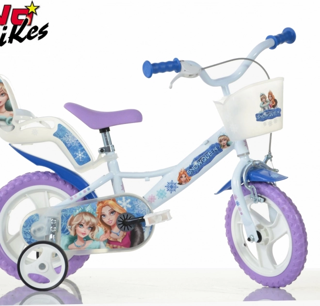 Dino Bikes bicicletă pentru copii 12″ Regina Zăpezii cu coș și scaun pentru păpușă