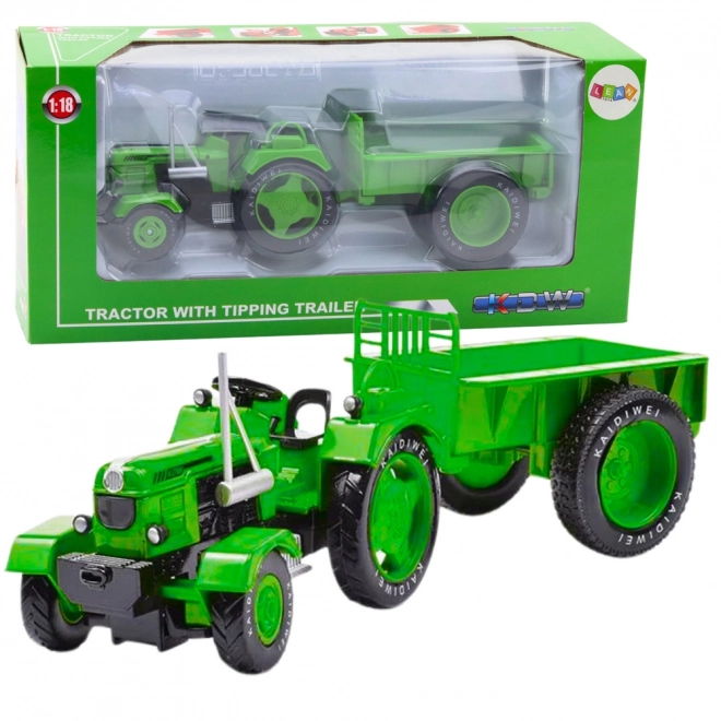 Tractor metalic verde cu remorcă, scară 1:18
