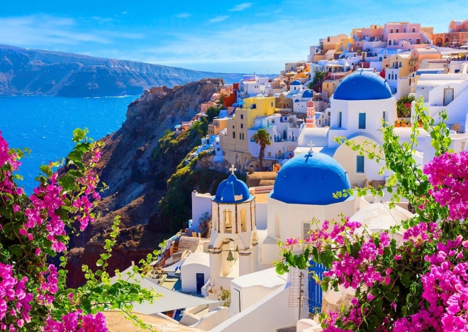 Puzzle Santorini cu flori, Grecia 1000 de piese