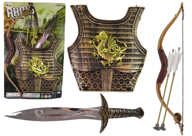 Costum samurai pentru copii cu armură de aur, arc și sabie
