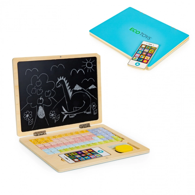 Laptop educațional din lemn cu tablă magnetică și litere Ecotoys