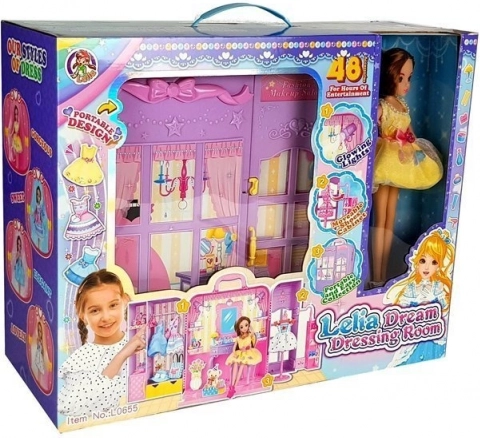 Dressing cu iluminare și oglindă, păpușă 26 cm, set vestimentație și accesorii
