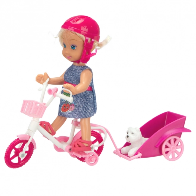 Set mini păpușă cu bicicletă, remorcă și cățel alb