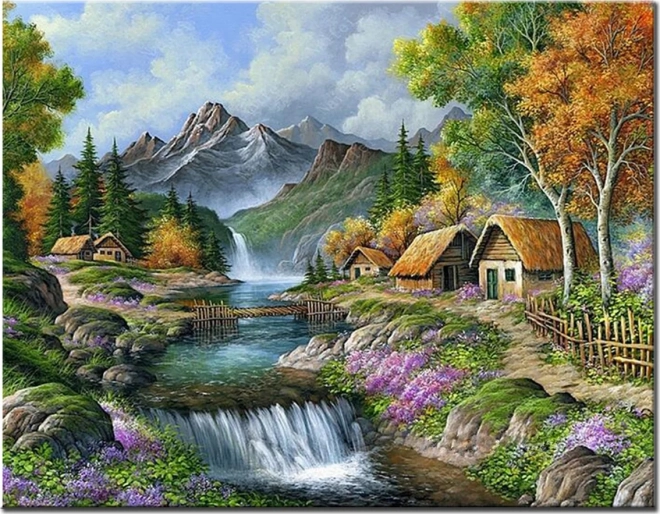 Norimpex Pictură cu diamante Cabane lângă râu de munte 30x40cm