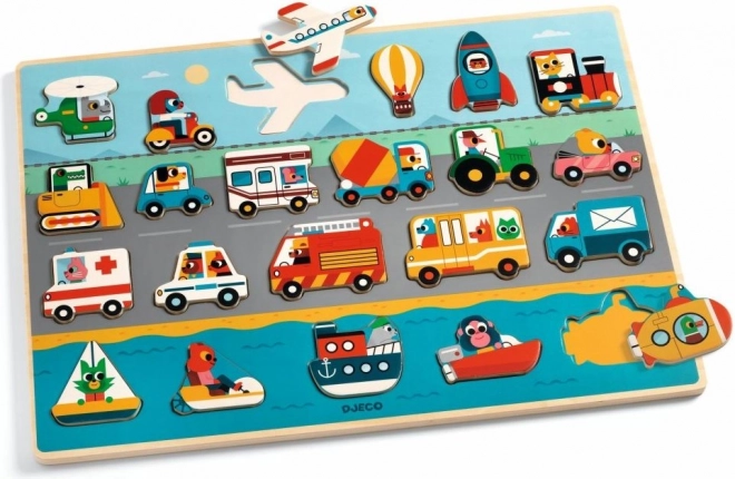 Puzzle din lemn cu vehicule Djeco