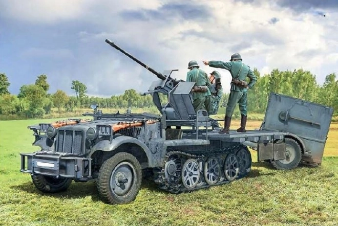 Model de vehicul militar Sd.Kfz 10/4 cu Flak 30 și echipaj 1/35