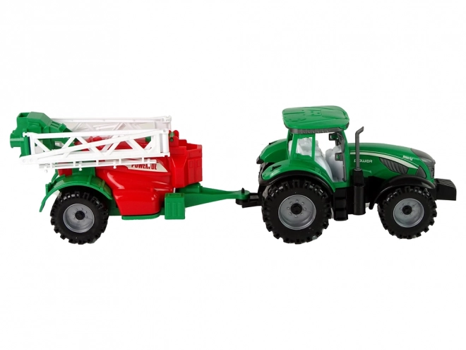 Tractor verde cu pulverizator roșu-verde cu tracțiune prin frecare