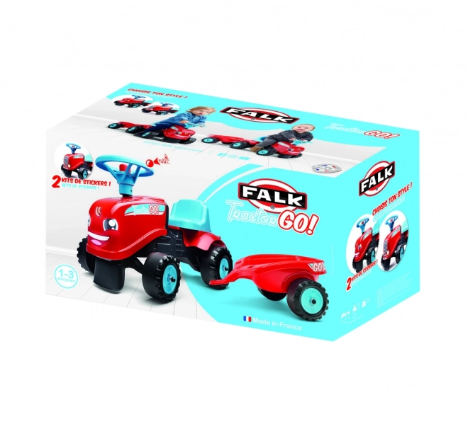 Premergător - tractor Go Farm roșu cu volan și remorcă