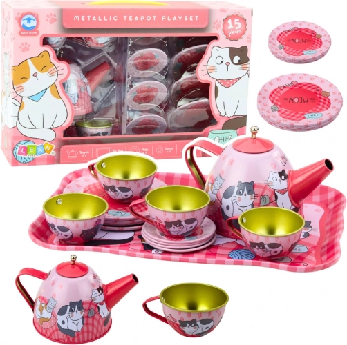 Set de ceai metalic pentru copii cu motiv pisici, roz, 15 piese