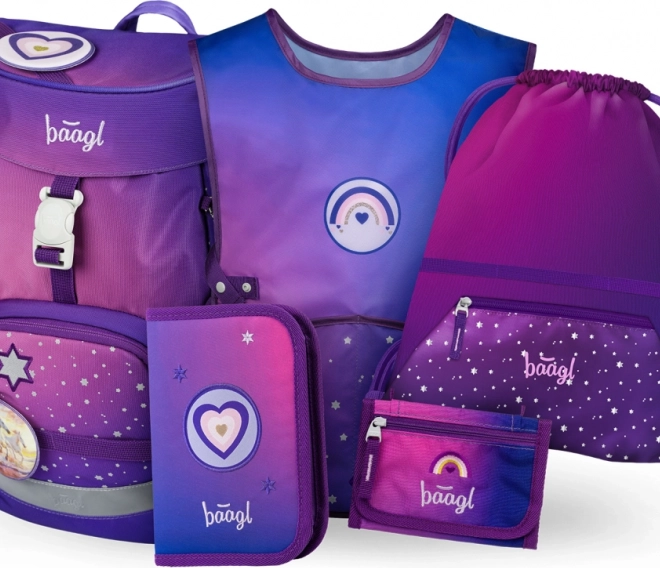 Set școlar Cai Inimă: rucsac, penar, săculeț, șorț, portofel
