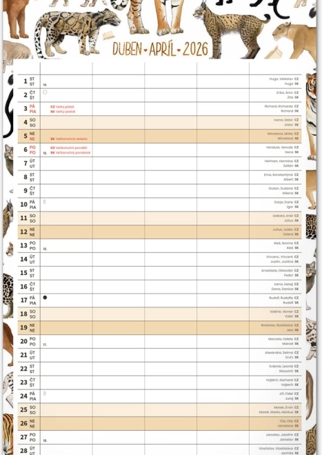 Calendar de perete Planificator de familie 2026 cu ilustrații Animalium