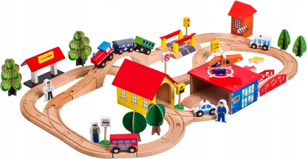 Pistă de tren din lemn cu mașini și accesorii
