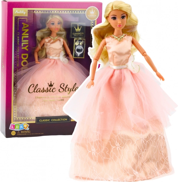 Păpușă Anlily în rochie de seară pudră, membre mobile, păr blond