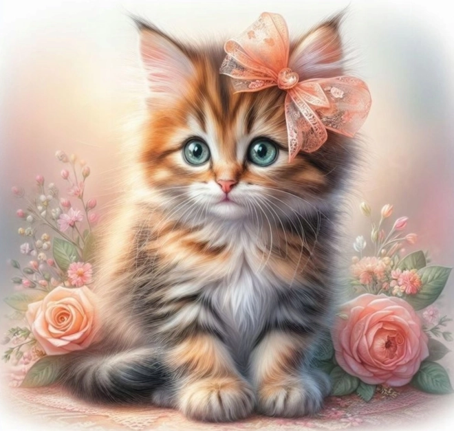 Norimpex pictură cu diamante Pisicuță cu fundă și trandafiri 30x40 cm