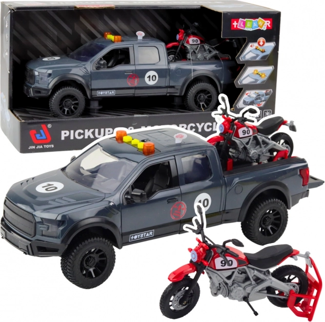 Pickup cu motocicletă gri, cu lumini și sunete 1:12 jucărie