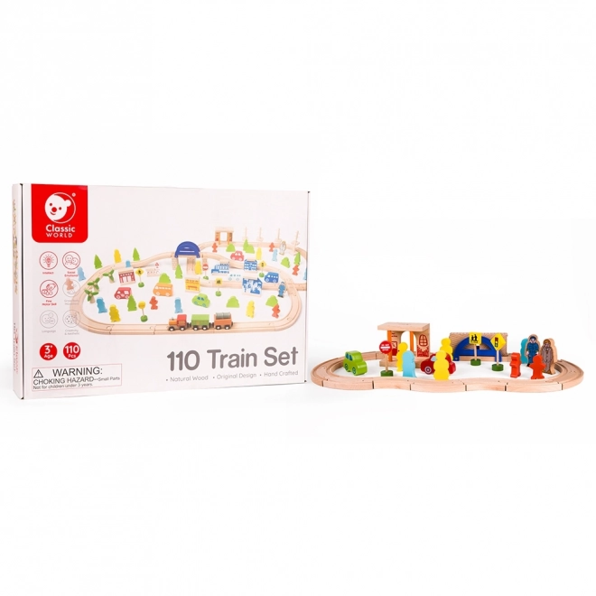 Set trenuleț de lemn Classic World cu accesorii 110 piese